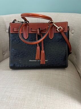 Dooney & Bourke Black Ostrich-Embossed Satchel with Brown Trim